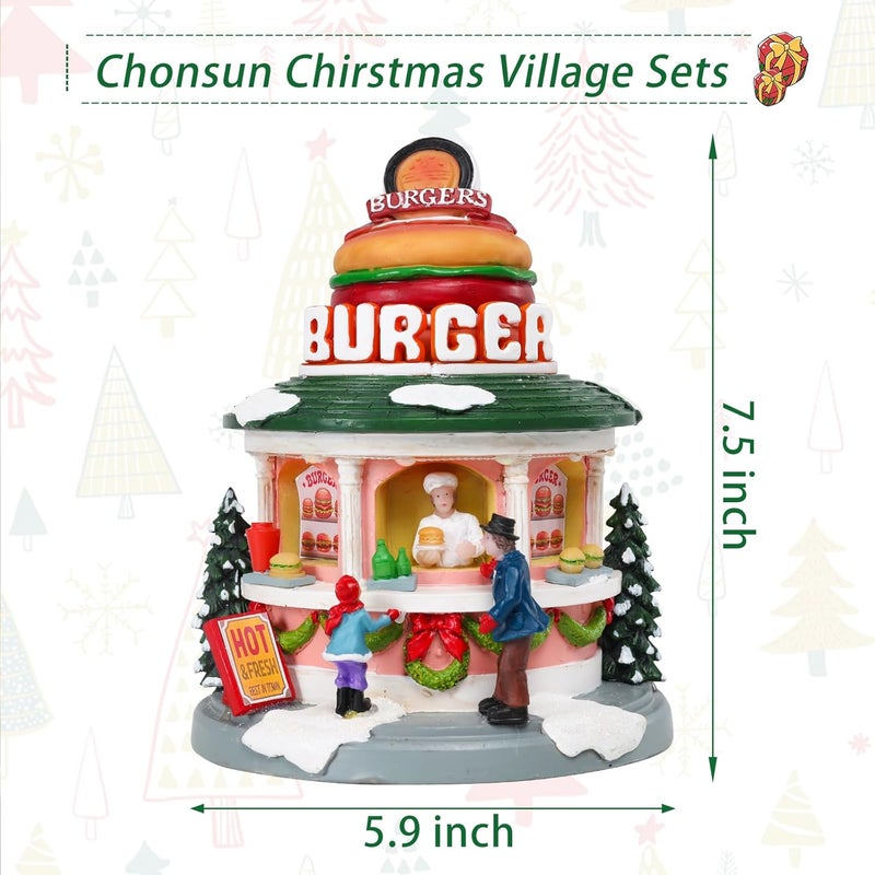 CHONSUN Christmas Village 7.5 Inch Animated Christmas Shop Decorations Moving Hamburger 3AA Batteries Music Village People Indoor Lights Figurines for Room Tabletop Xmas Decor - Image 2